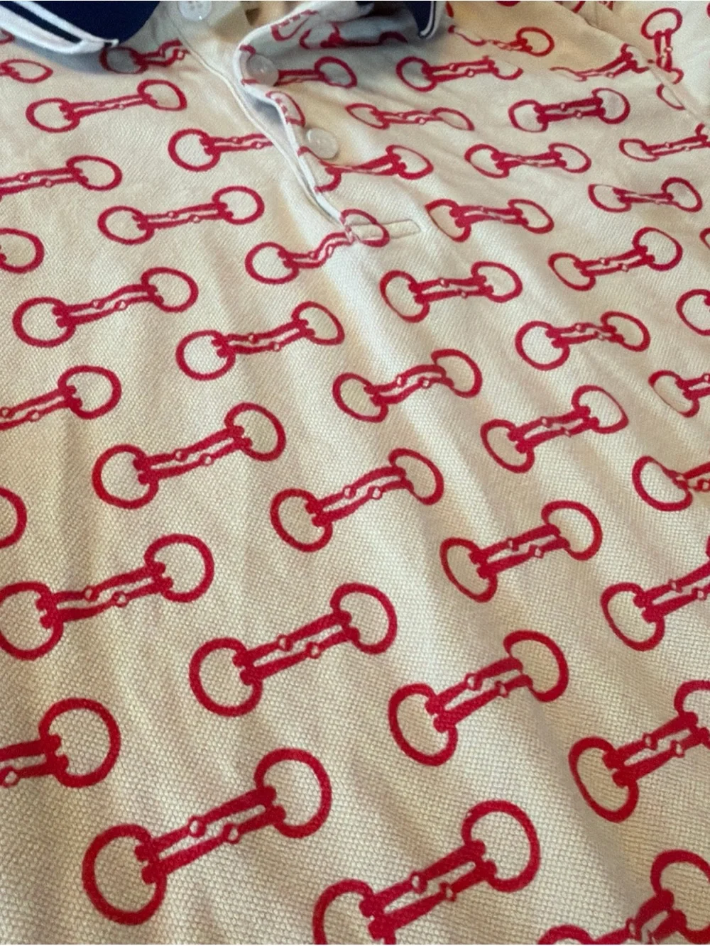 GUCCI HORSEBIT PRINT COTTON POLO SHIRT Cream Red Size Small
